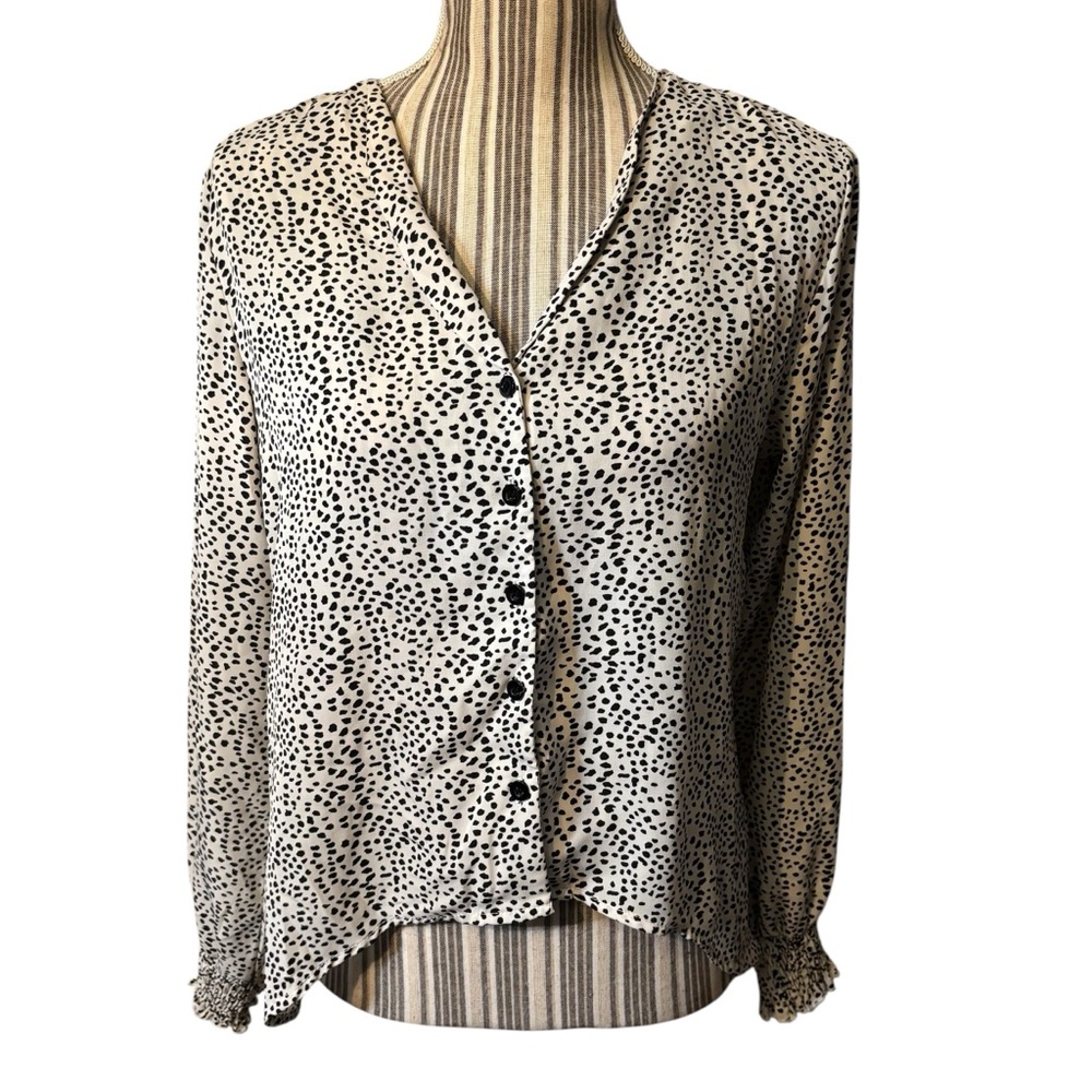 Sale! SHEIN Blouse S White Monochrome Black Polka Dot Hi-Low Button-Up Long Slv